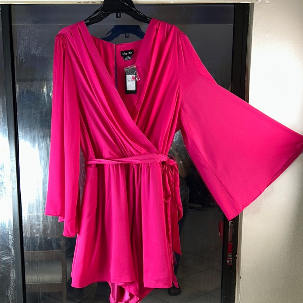 City Chic Pink Wrap-Style Jumpsuit with Bell Sleeves